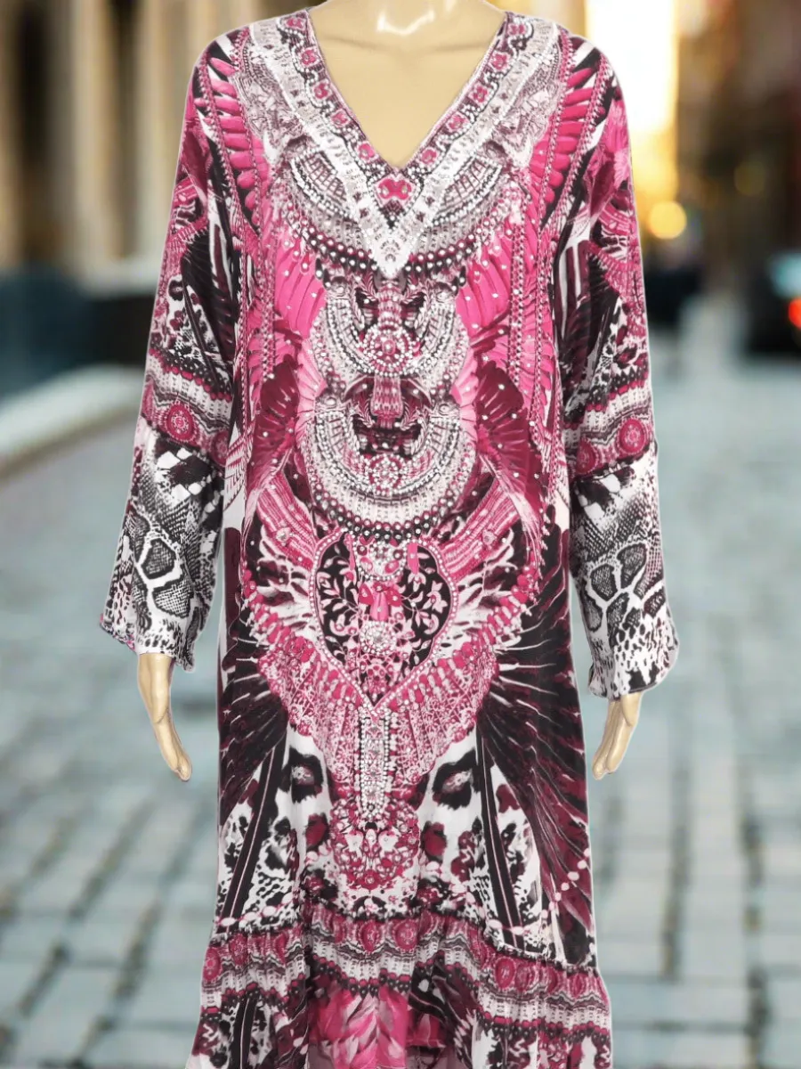 Silk Hi-Low Frill Dress - Amur-Pink-kaftans that bling