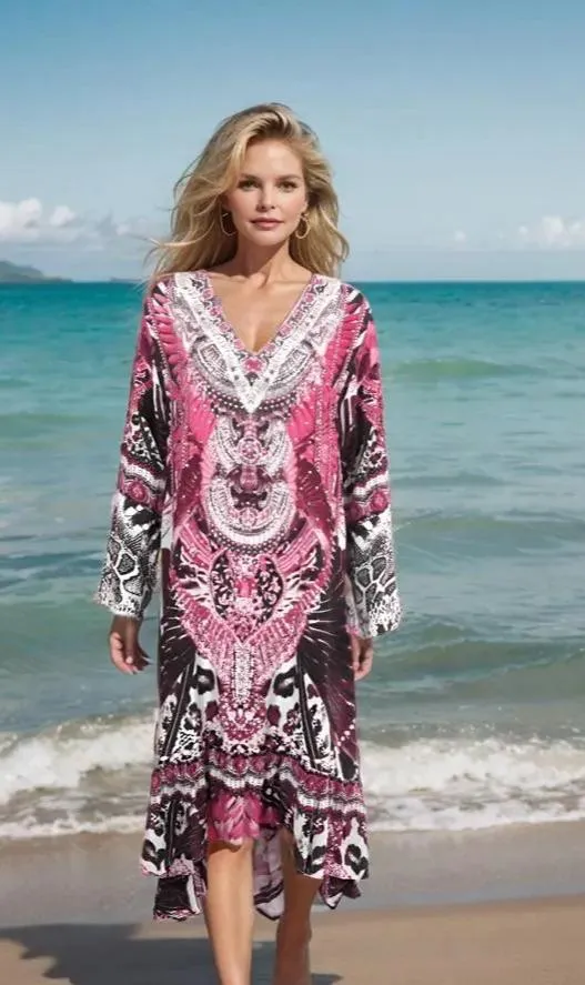 Silk Hi-Low Frill Dress - Amur-Pink-kaftans that bling