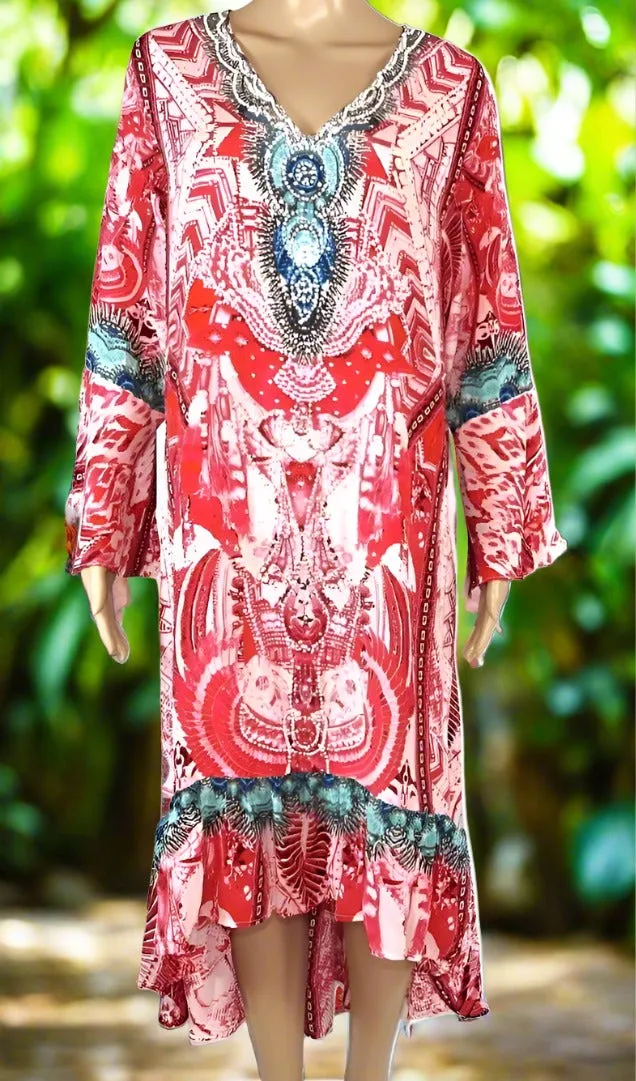 Silk Hi-Low Frill Dress - Frangipani - Pink - kaftans that bling