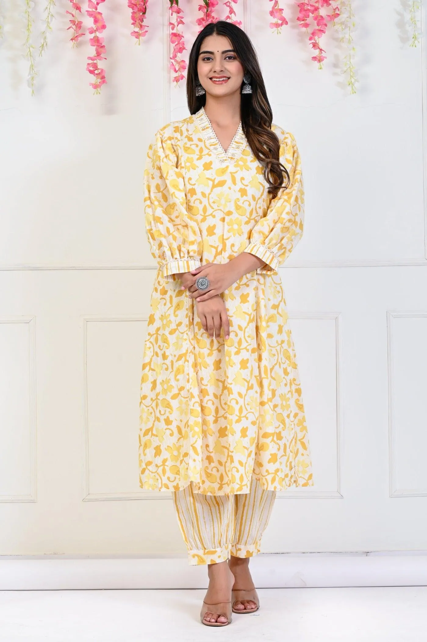 Yellow flower Print Kurta Set