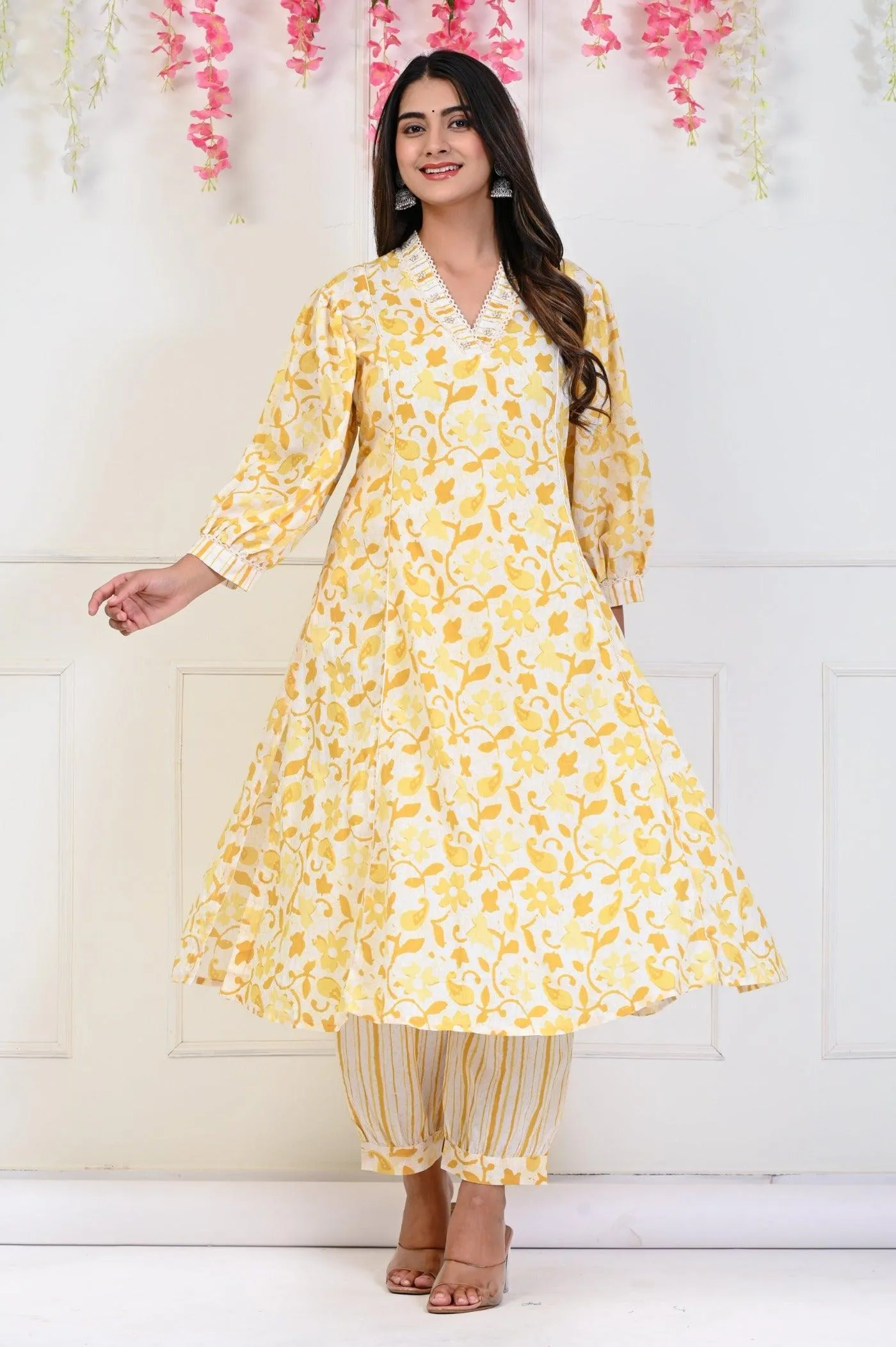 Yellow flower Print Kurta Set